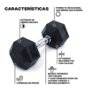 Características: mango cromado texturado y contorneado para un agarre cómodo y sin deslizamiento, interior de hierro macizo, formato hexagonal que impide que rueden, variedad de peso y extremos recubiertos de caucho